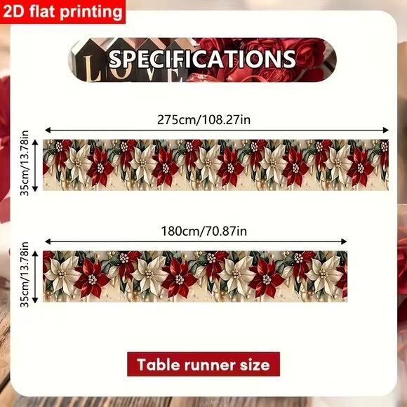 1pc 2D Flat Red Christmas Floral Table Runner -Polyester - Picture 3 of 4